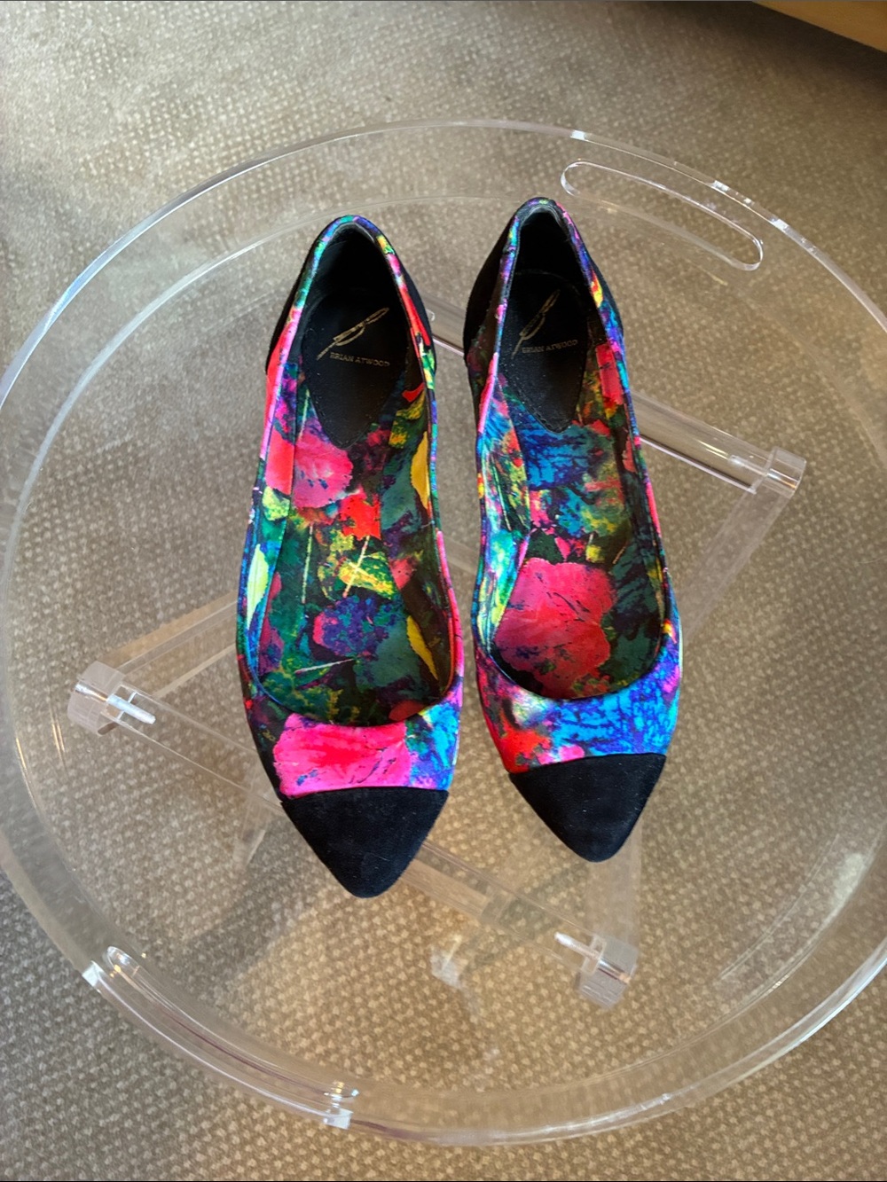 Brian Atwood Multicolor Floral Pointed Flats with Black Cap Toe